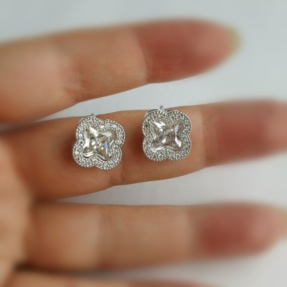 CZ clover Earrings in 14k white gold overlay - Picture 4 of 6